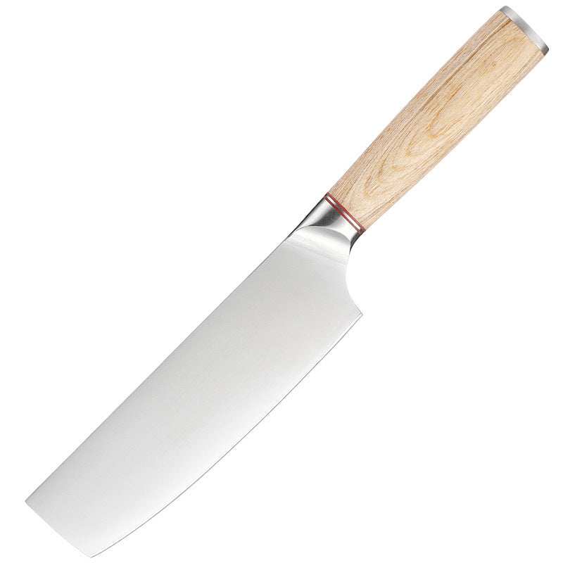 A 6.5-inch Japanese kitchen knife with a stainless steel blade and a wooden handle. Blade length: 17 cm, handle length: 13 cm.