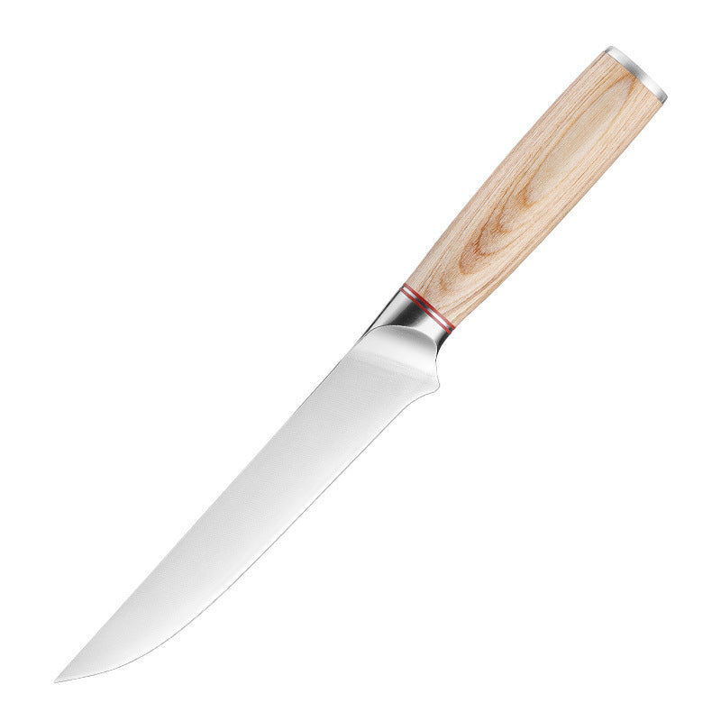 A 6-inch boning knife with a stainless steel blade and a wooden handle. Blade length: 16.7 cm, handle length: 13 cm.