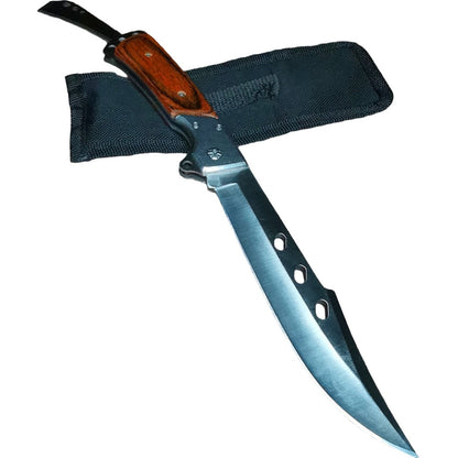 Close-up view of the Artistic Bladesmith's Defender Knife, featuring a durable 9CR18MOV blade and wooden handle