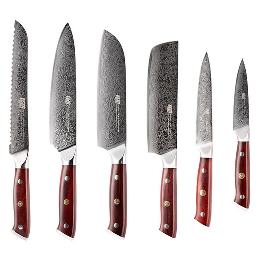 amascus six-piece kitchen knife set with Red Sandalwood handles, made from imported AUS10 Damascus steel