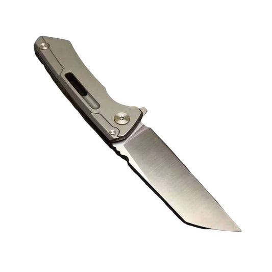 A high-quality image showcasing the rugged, high-carbon steel blade of the RuggedEdge Explorer, highlighting its razor-sharp edge and smooth sanding finish.