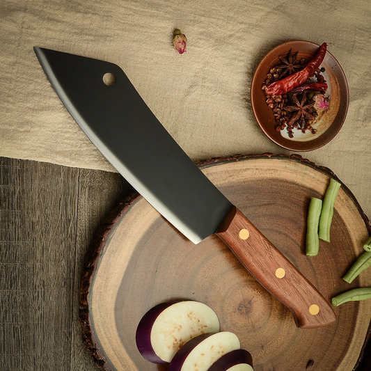 8-inch slicing knife with sharp stainless steel blade and sapele wood handle.