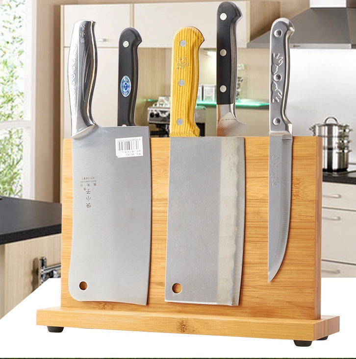 Stylish wood color bamboo magnetic knife holder showcasing powerful magnetic properties for secure tool storage