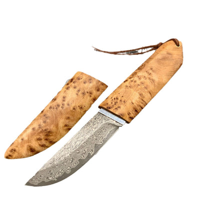  a compact and elegant Damascus steel knife with an imported Thuja wood handle, perfect for everyday carry or outdoor adventures.