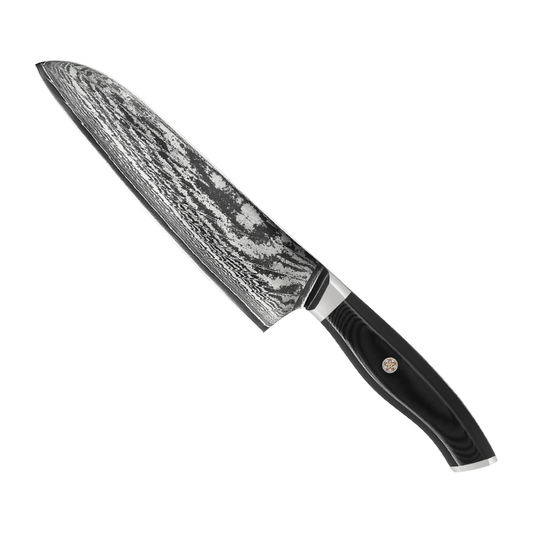 Damascus steel chef's knife with a beautifully patterned blade and ergonomic G10 handle.