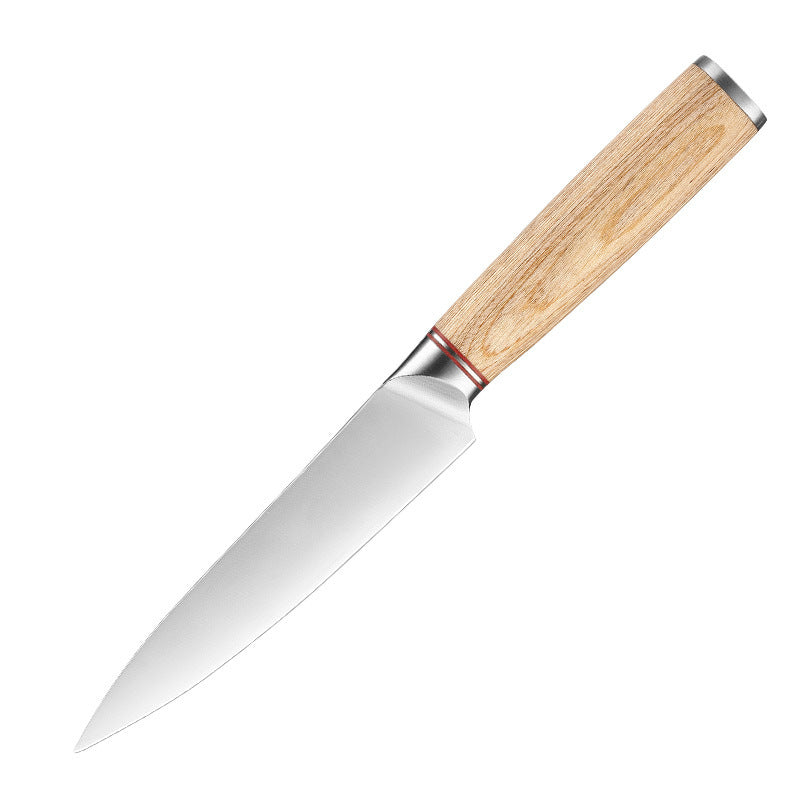 A 5-inch multipurpose knife with a stainless steel blade and a wooden handle. Blade length: 13 cm, handle length: 13 cm.