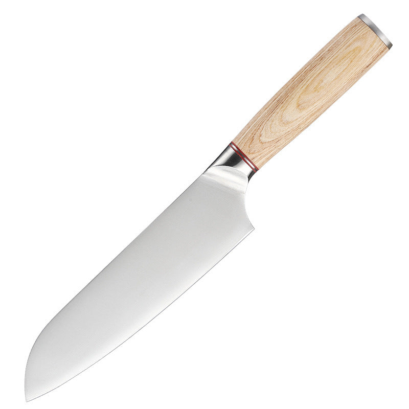 A 7-inch Santoku knife with a stainless steel blade and a wooden handle. Blade length: 17.9 cm, handle length: 13 cm.