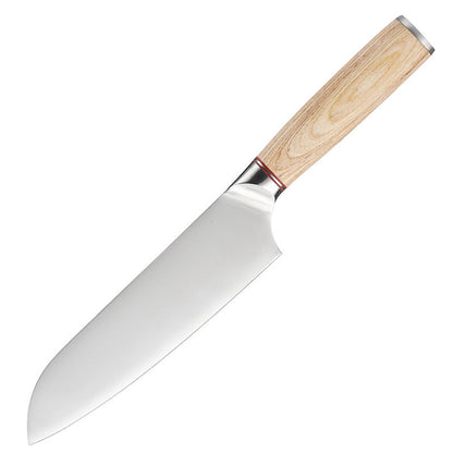 A 7-inch Santoku knife with a stainless steel blade and a wooden handle. Blade length: 17.9 cm, handle length: 13 cm.