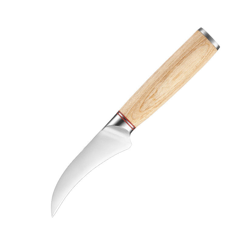 A 3.5-inch fruit machete featuring a stainless steel blade and a wooden handle. Blade length: 9 cm, handle length: 13 cm.